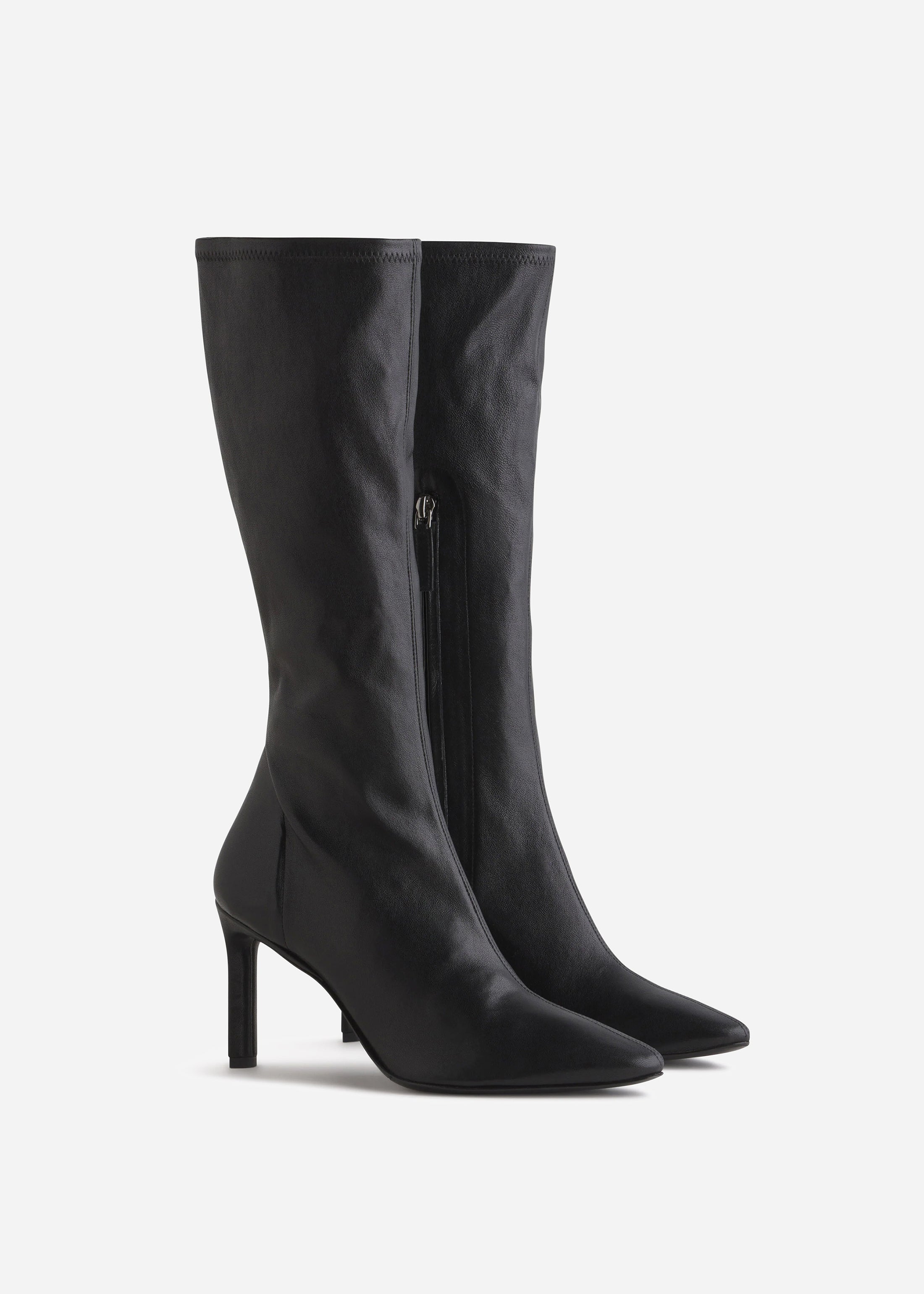 Pointed Stretch Leather Heel Boot in Black