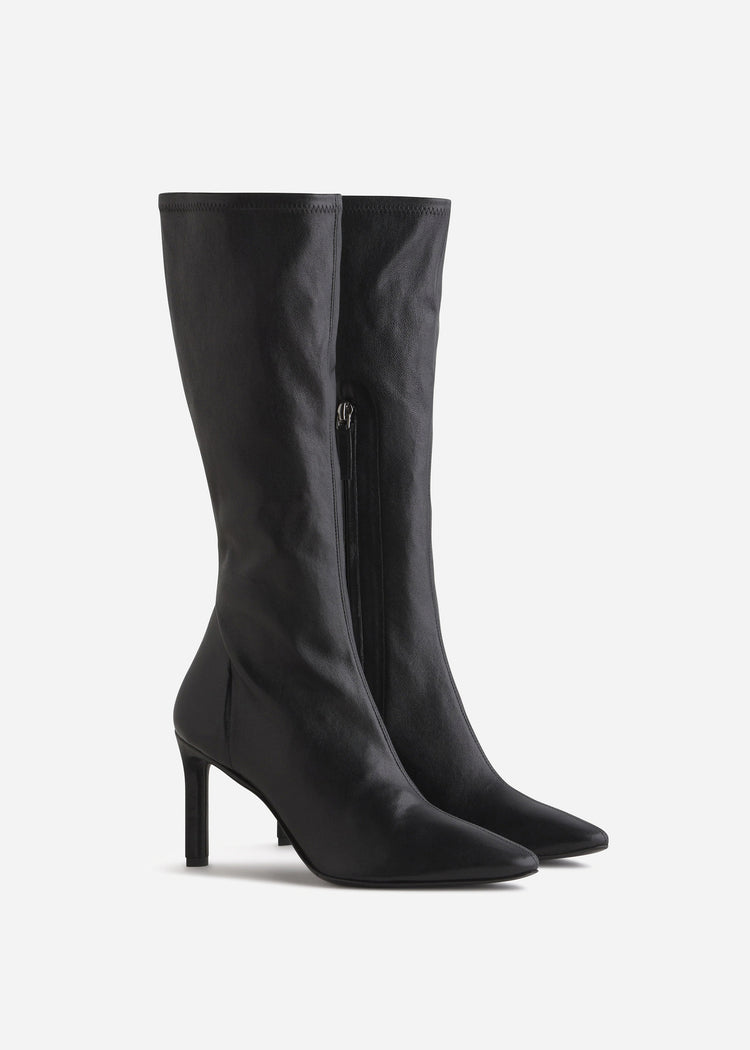 Pointed Stretch Leather Heel Boot in Black, image 2 of 4