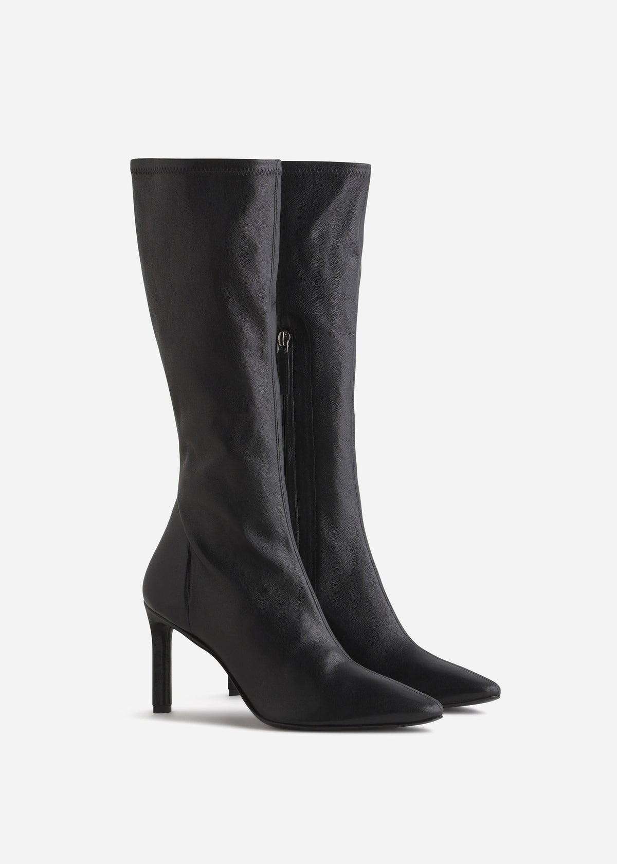 Pointed Stretch Leather Heel Boot in Black, image 2 of 4