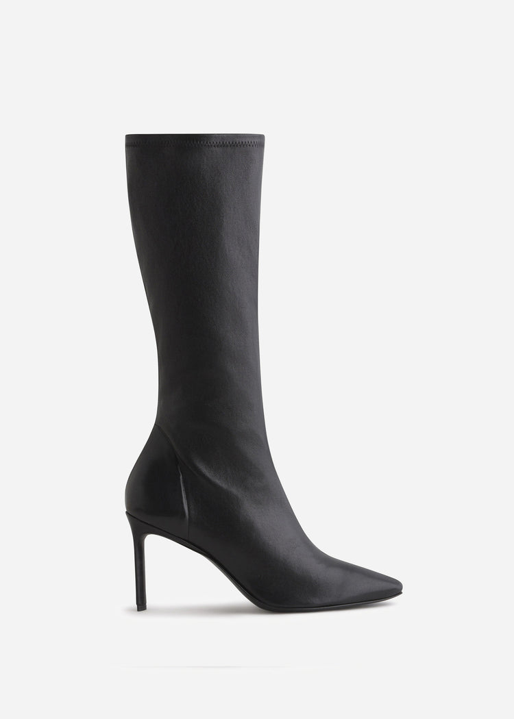 Pointed Stretch Leather Heel Boot in Black, image 1 of 4