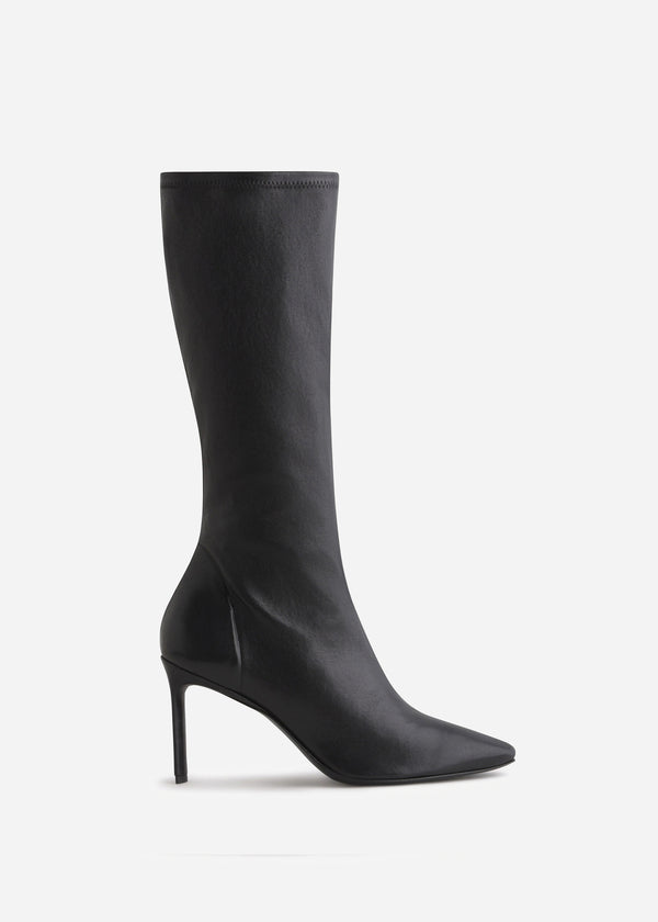 Pointed Stretch Leather Heel Boot in Black - CO