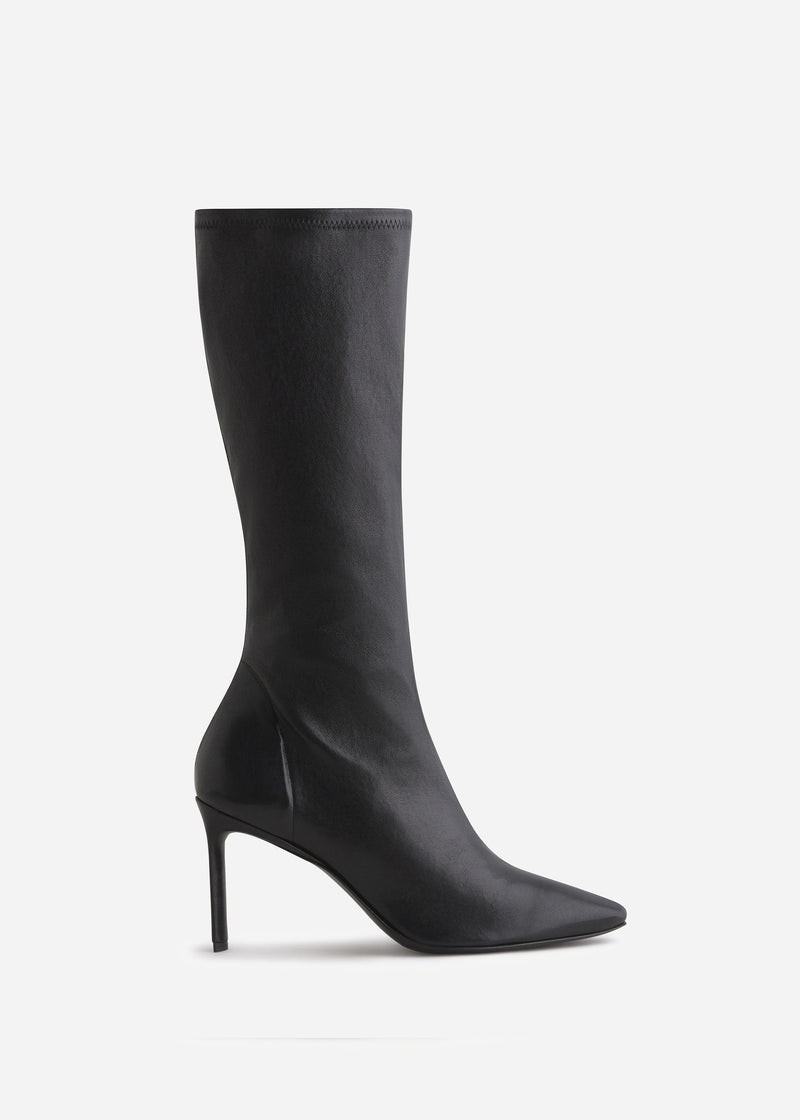 Pointed Stretch Leather Heel Boot in Black - CO