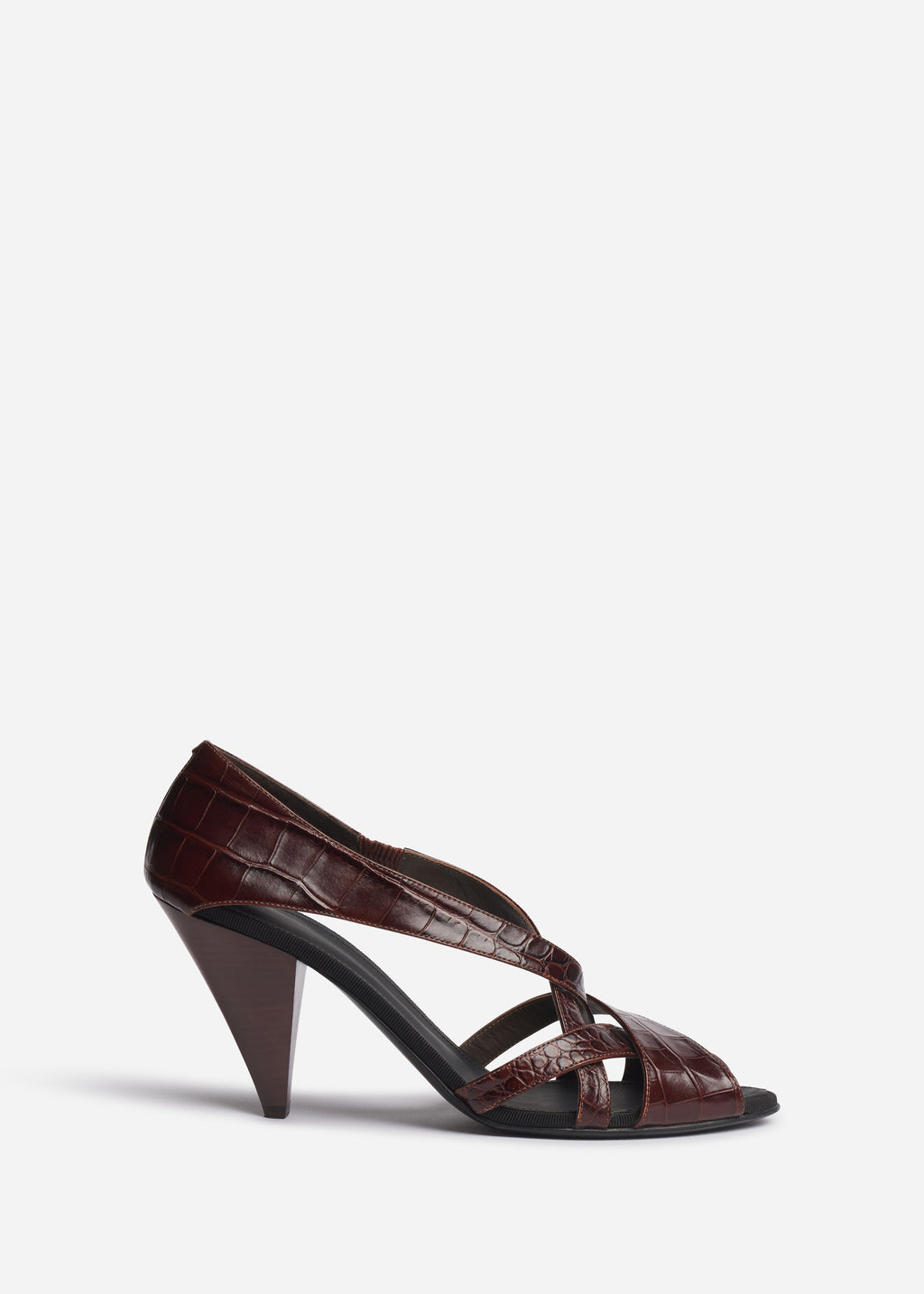 Open Toe Heeled Sandal in Crocodile Leather - Chocolate - CO