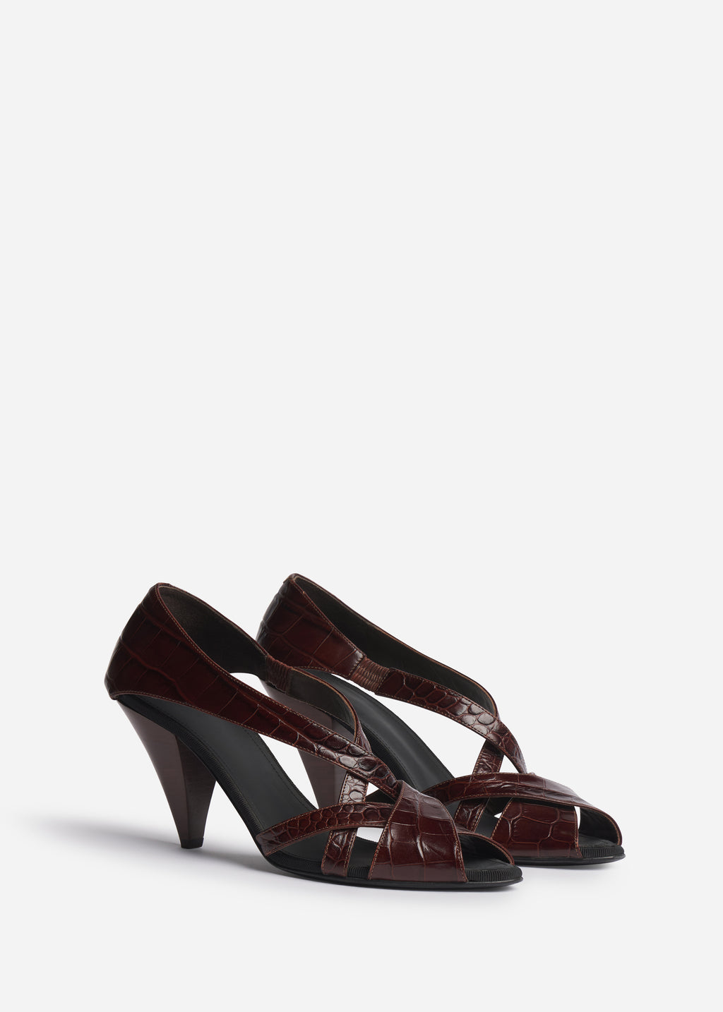 Open Toe Heeled Sandal in Crocodile Leather - Chocolate - CO