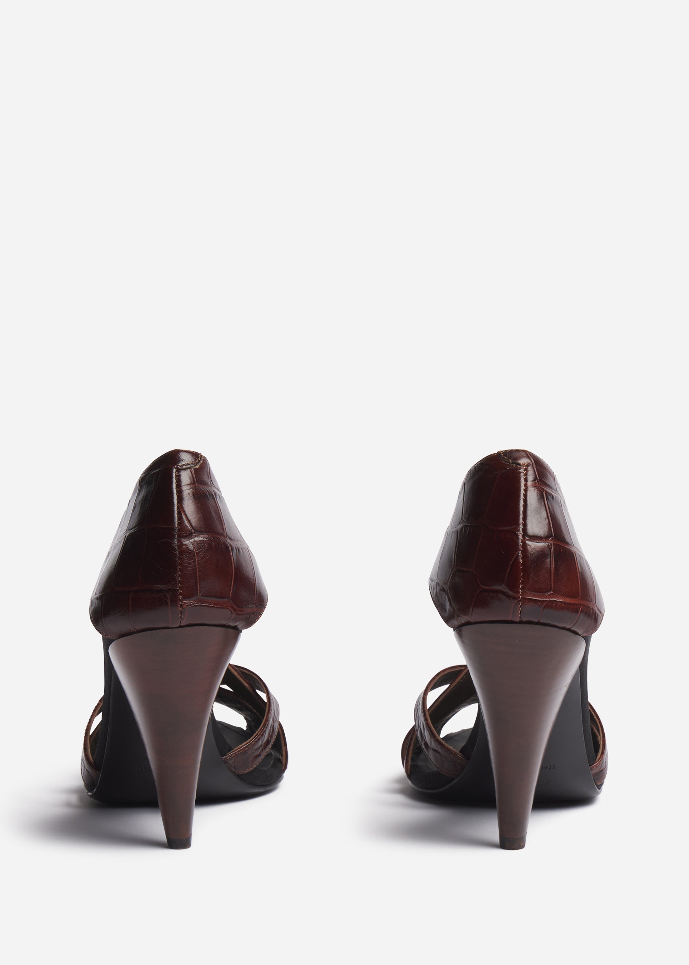 Open Toe Heeled Sandal in Crocodile Leather - Chocolate