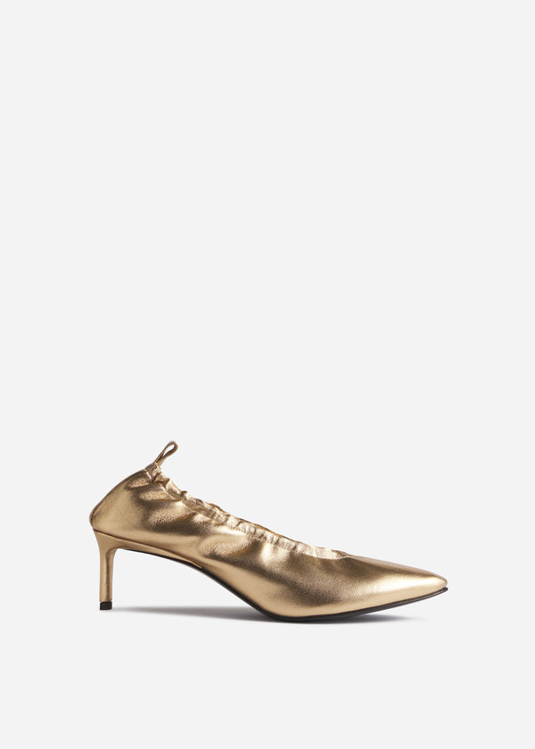 Leather Ruched Back Heeled Pumps - Gold - CO