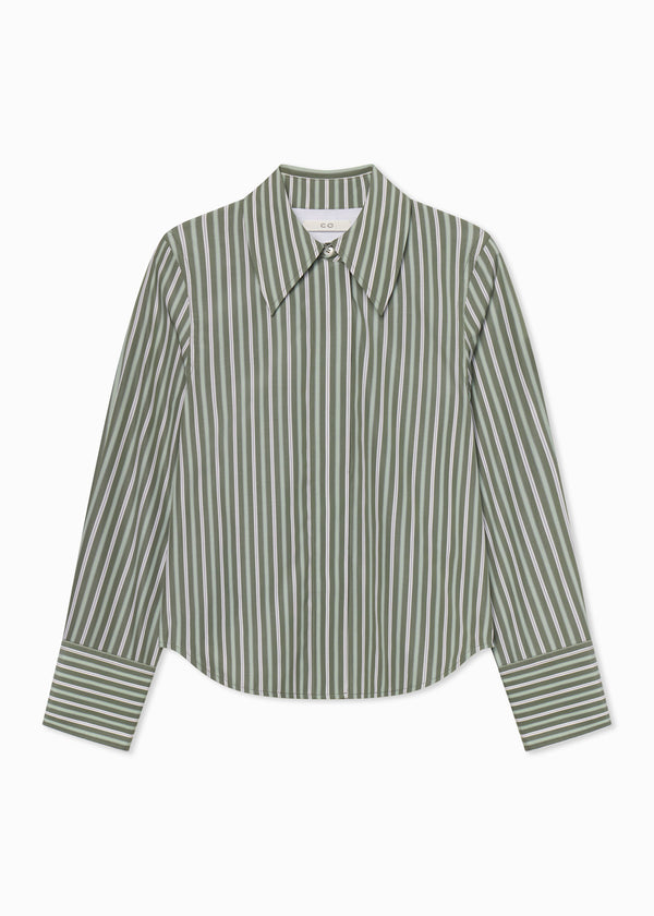 Fitted Shirt in Striped Poplin - Green and White - CO