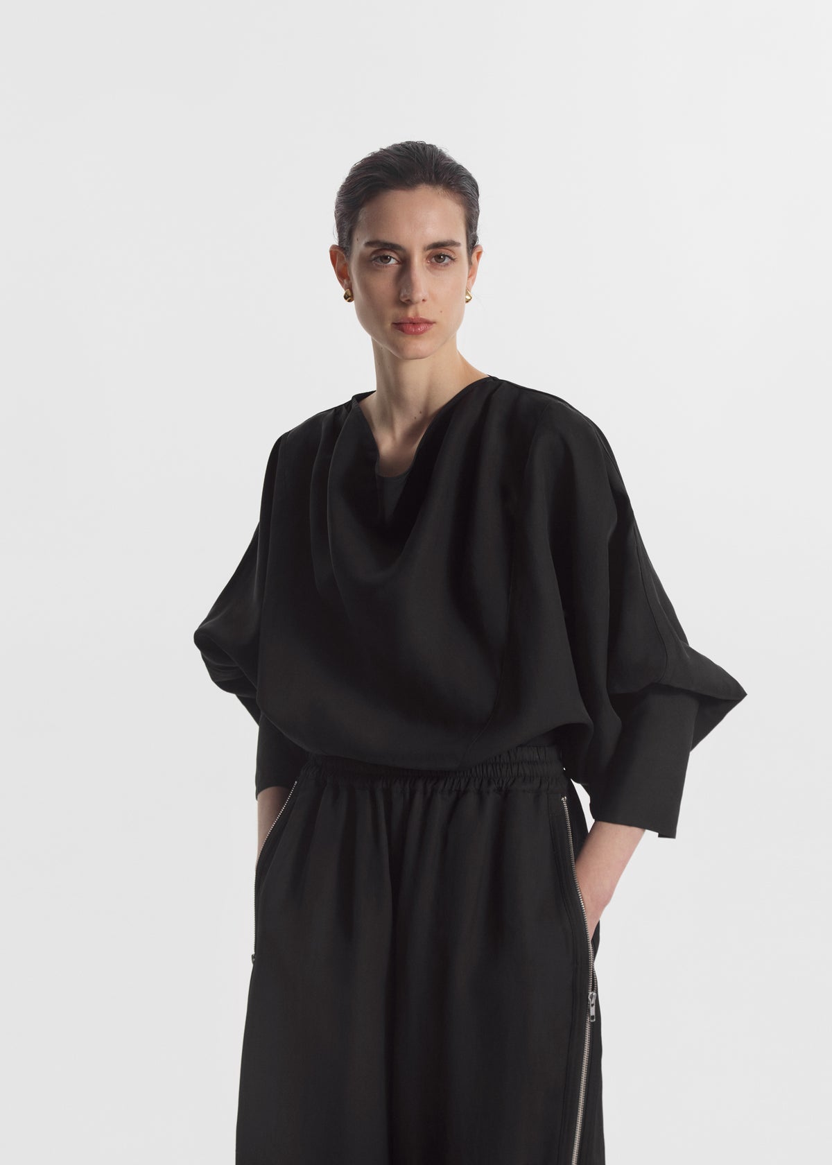 Draped Tunic Top in Viscose Silk - Black, image 1 of 3