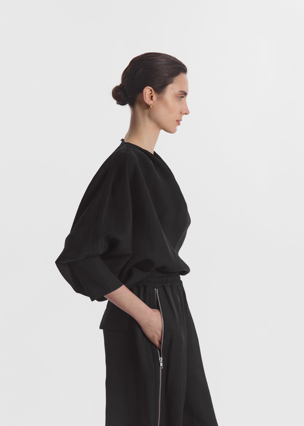 Draped Tunic Top in Viscose Silk - Black - CO