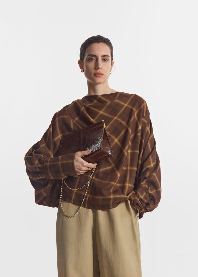 Draped Tunic Top in Check Plaid - Chocolate, image 1 of 4