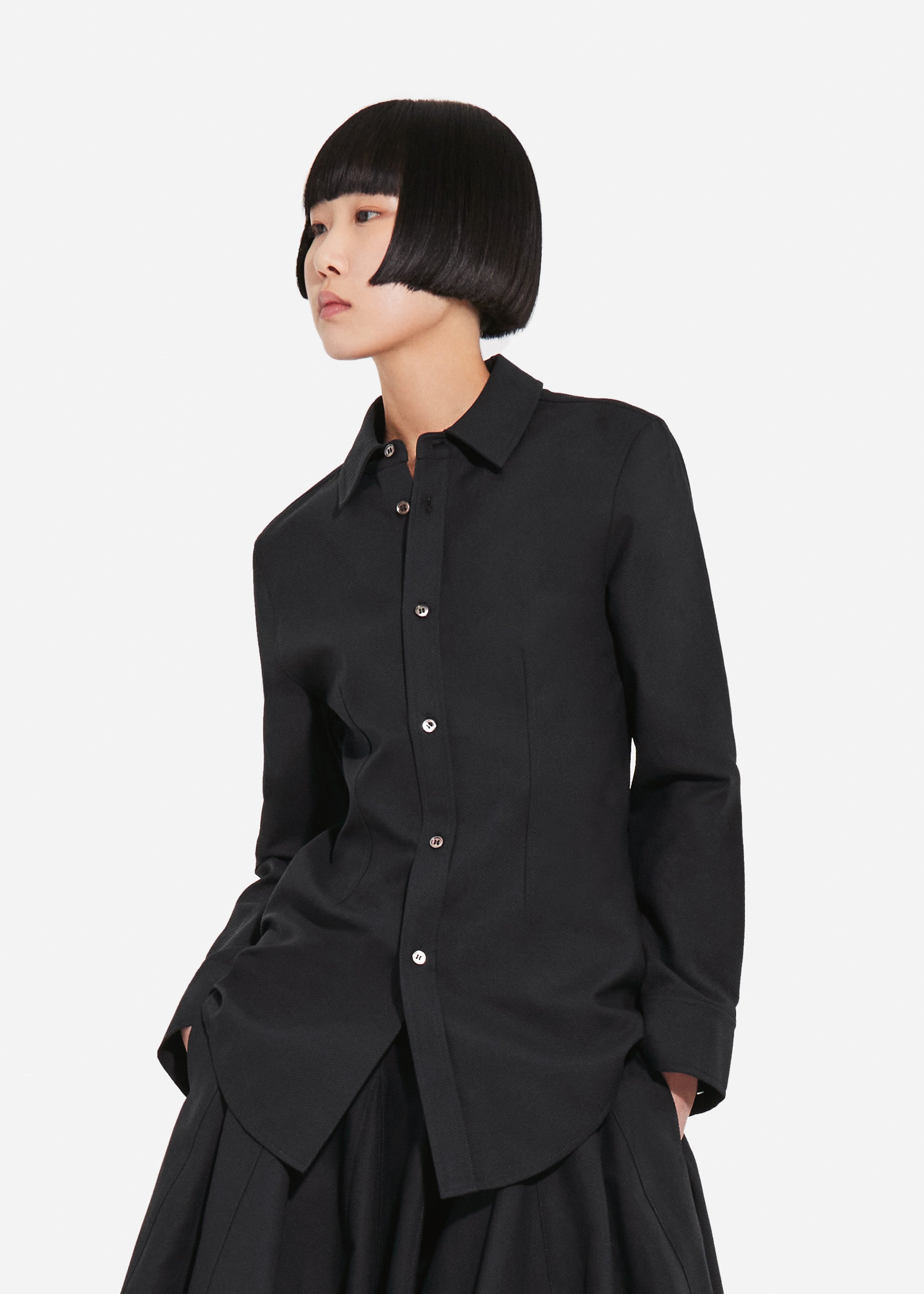 Fitted Button Down Shirt in Cotton Pique - Black