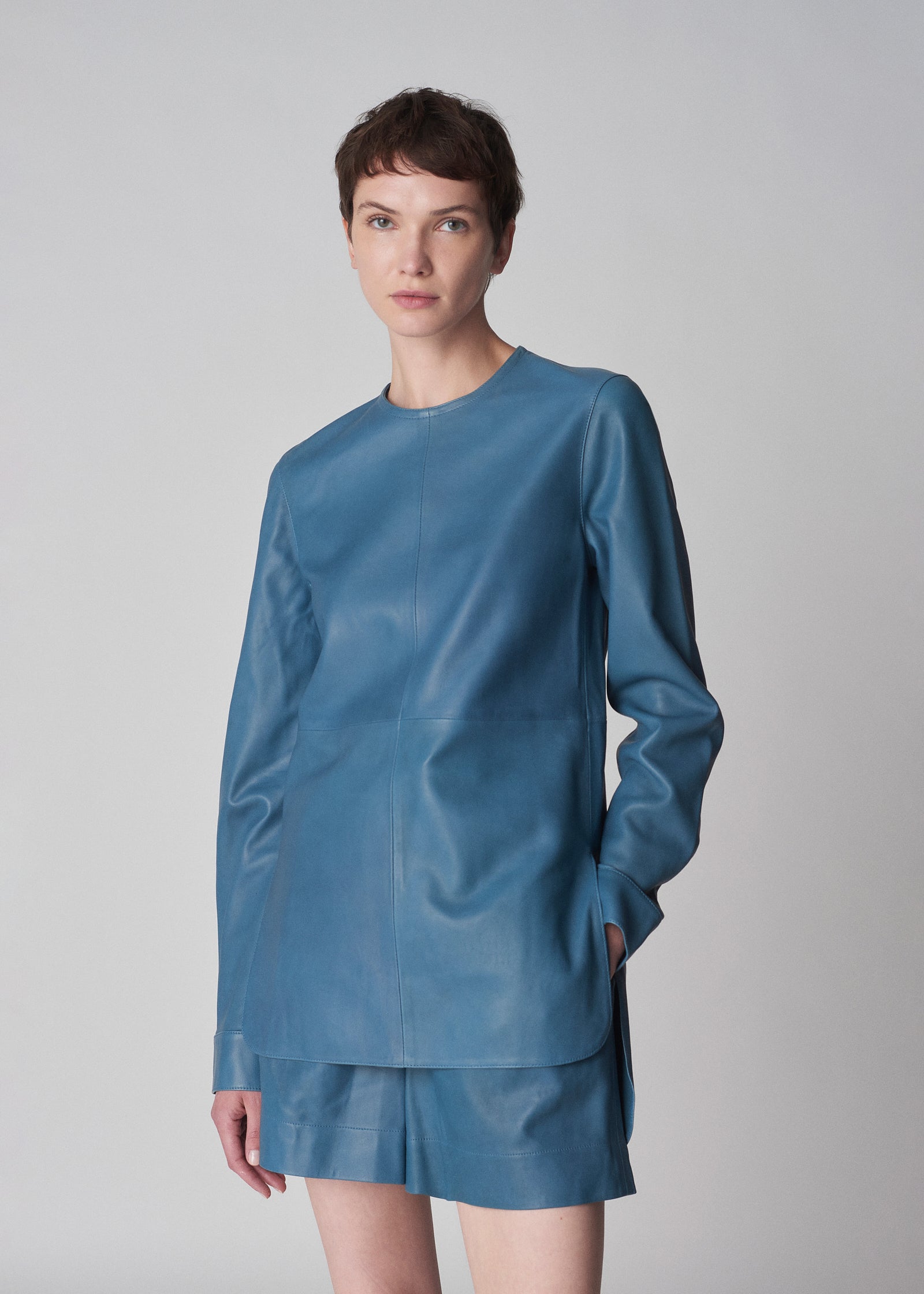 Long Sleeve Tunic in Lambskin Leather - Blue - CO Collections