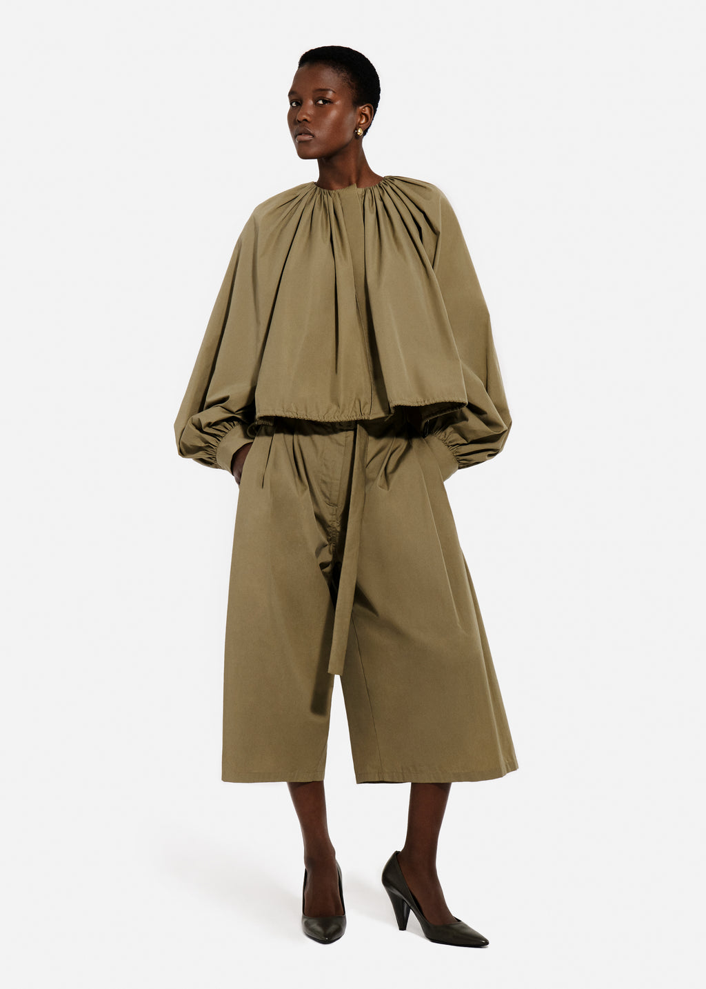 Gathered Tunic Shirt in Cotton Poplin - Aloe - CO