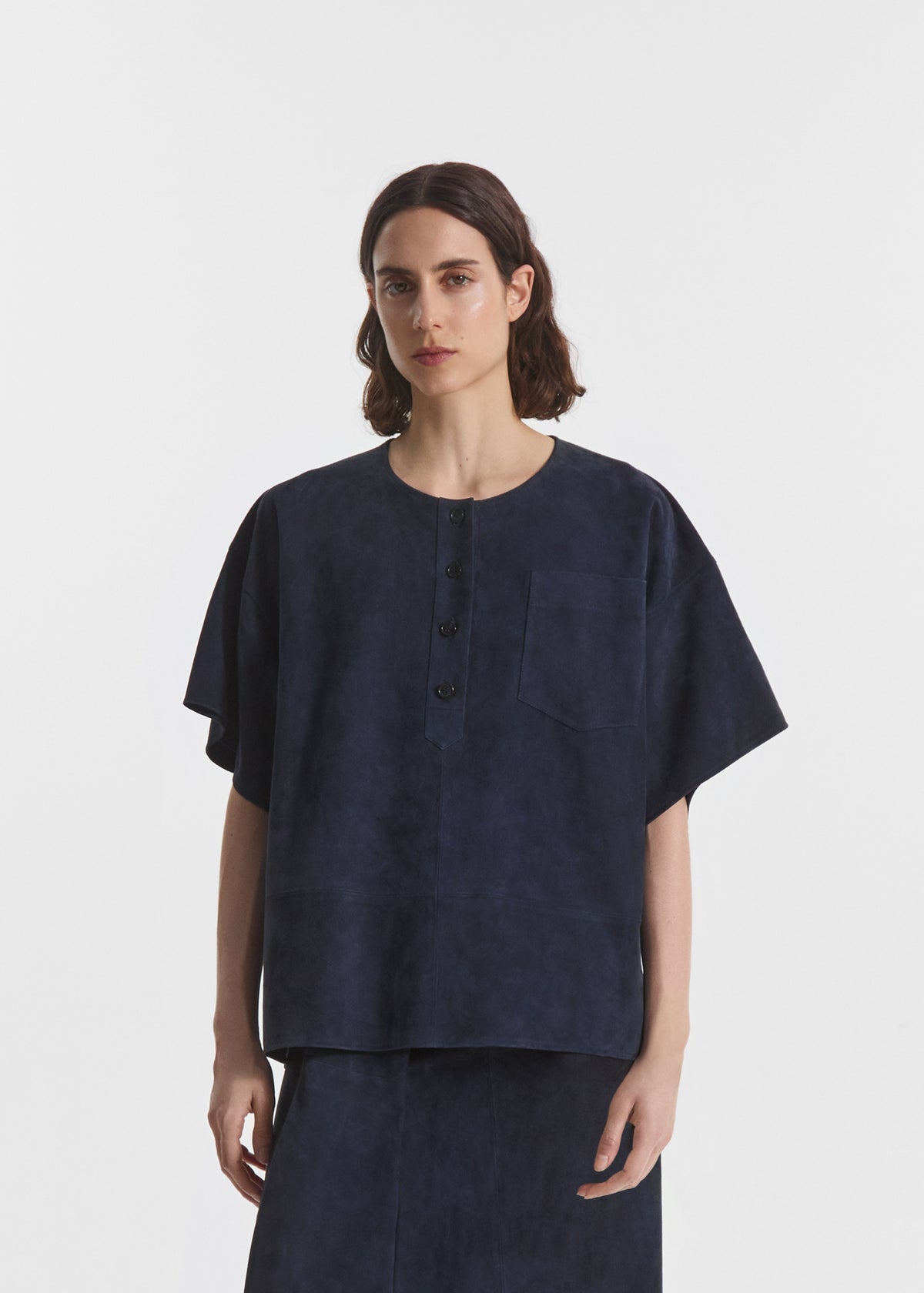 Boxy Shirt in Suede - Navy, image 1 of 6