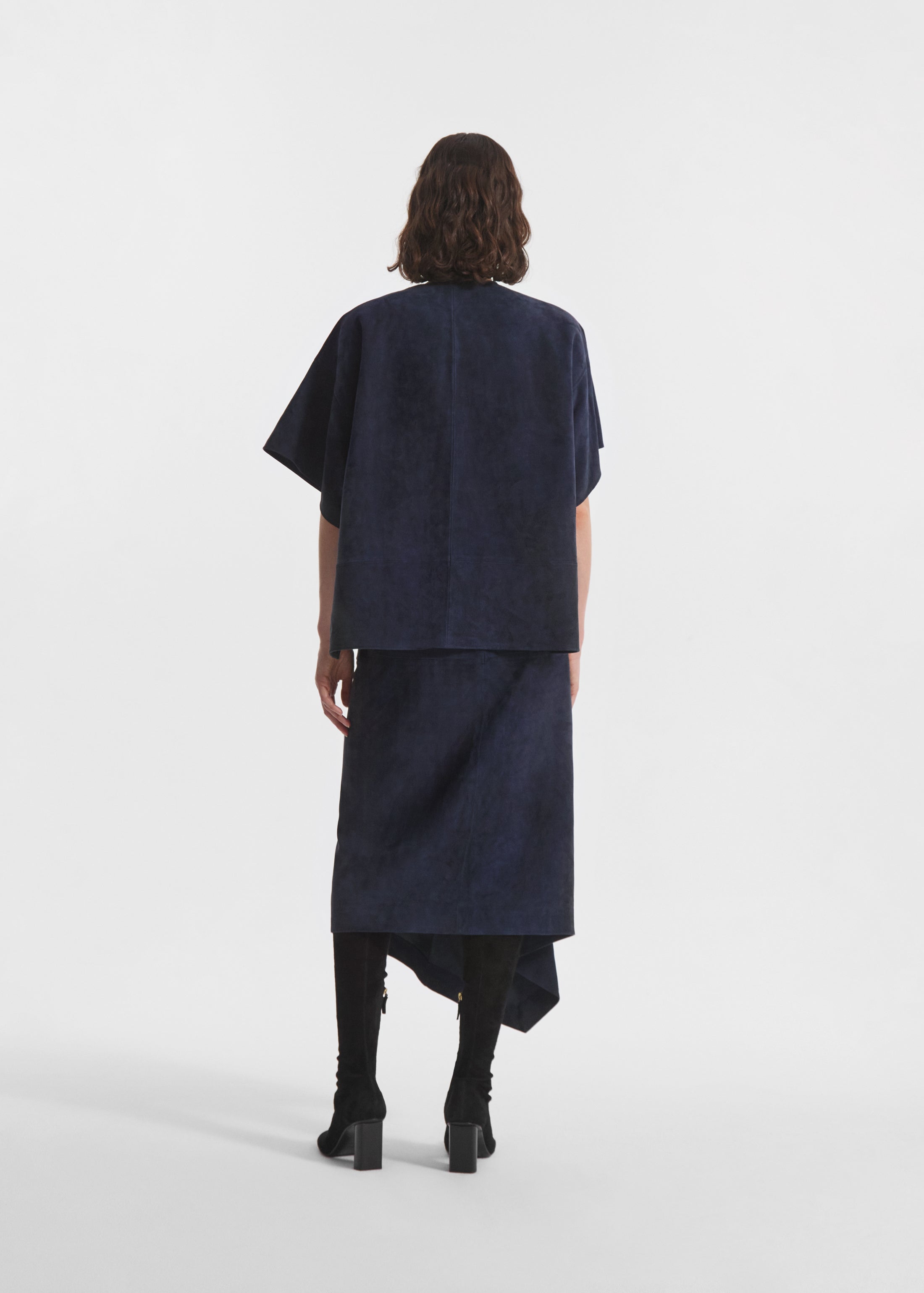 Scarf Pleat Skirt in Suede - Navy