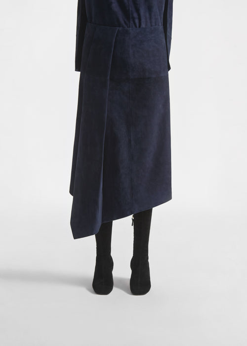 Scarf Pleat Skirt in Suede - Navy, image 2 of 5