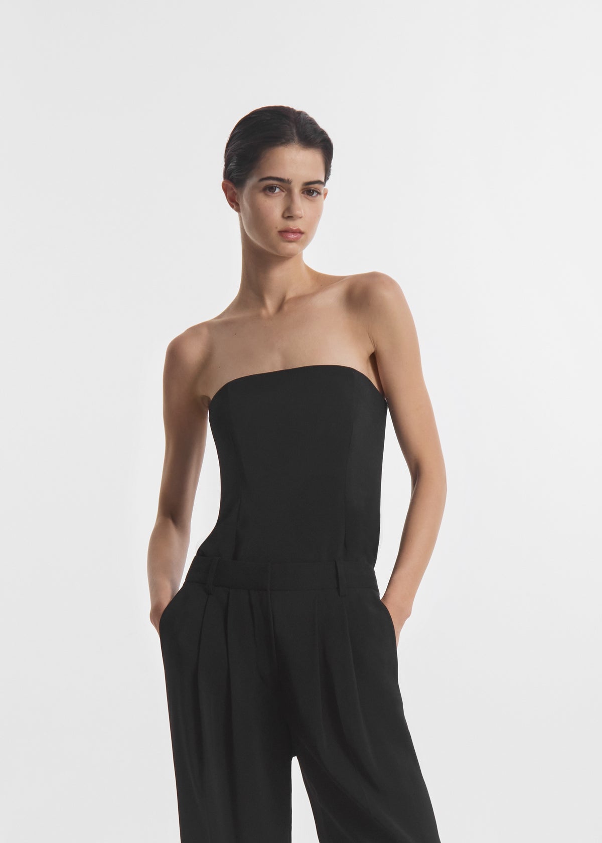 Strapless Bustier Top in Crepe - Black, image 1 of 4