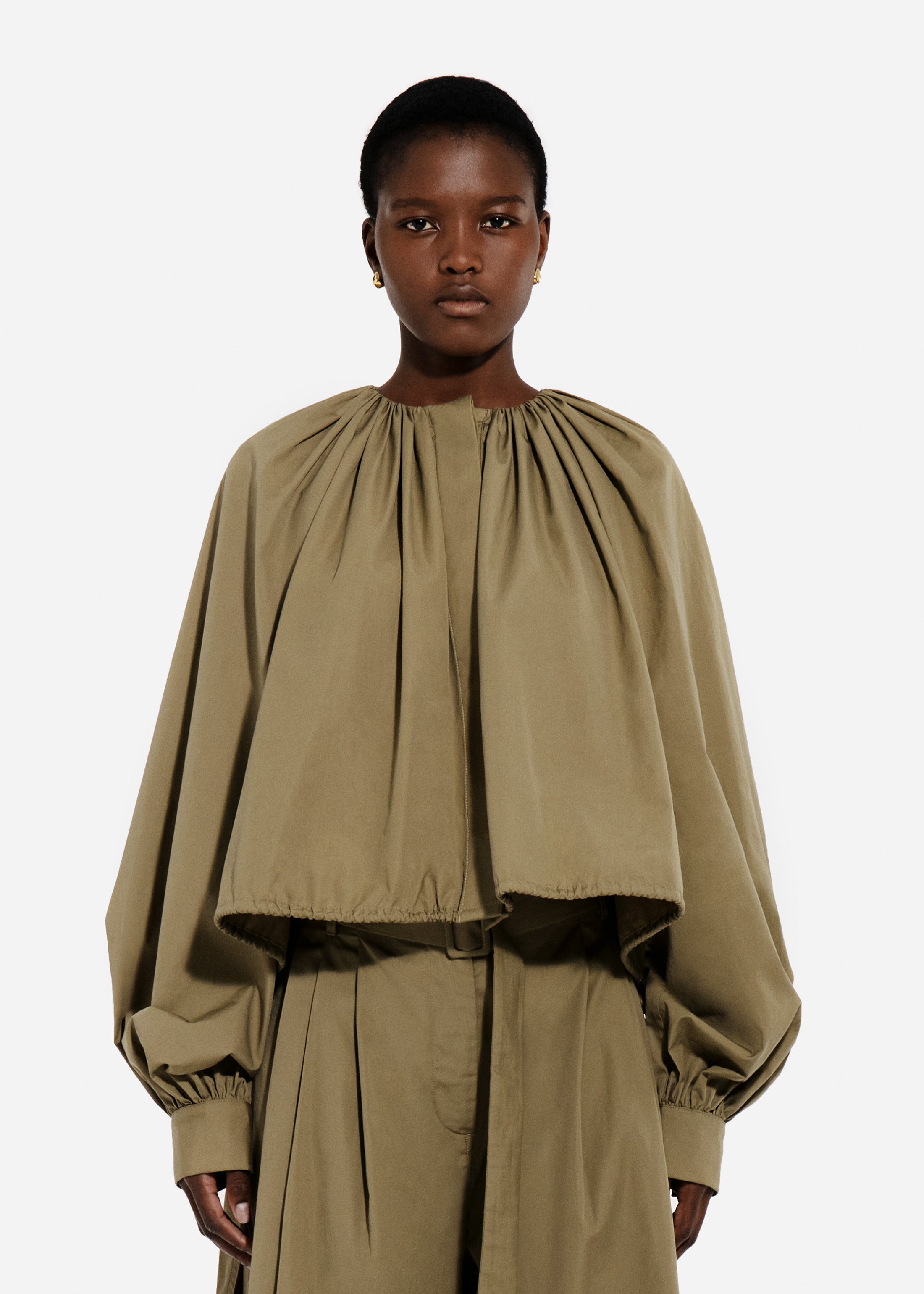 Gathered Tunic Shirt in Cotton Poplin - Aloe