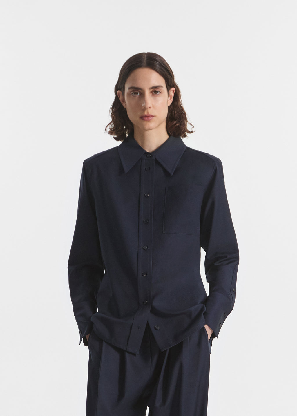 Shoulder Pad Shirt in Wool Blend - Navy - CO