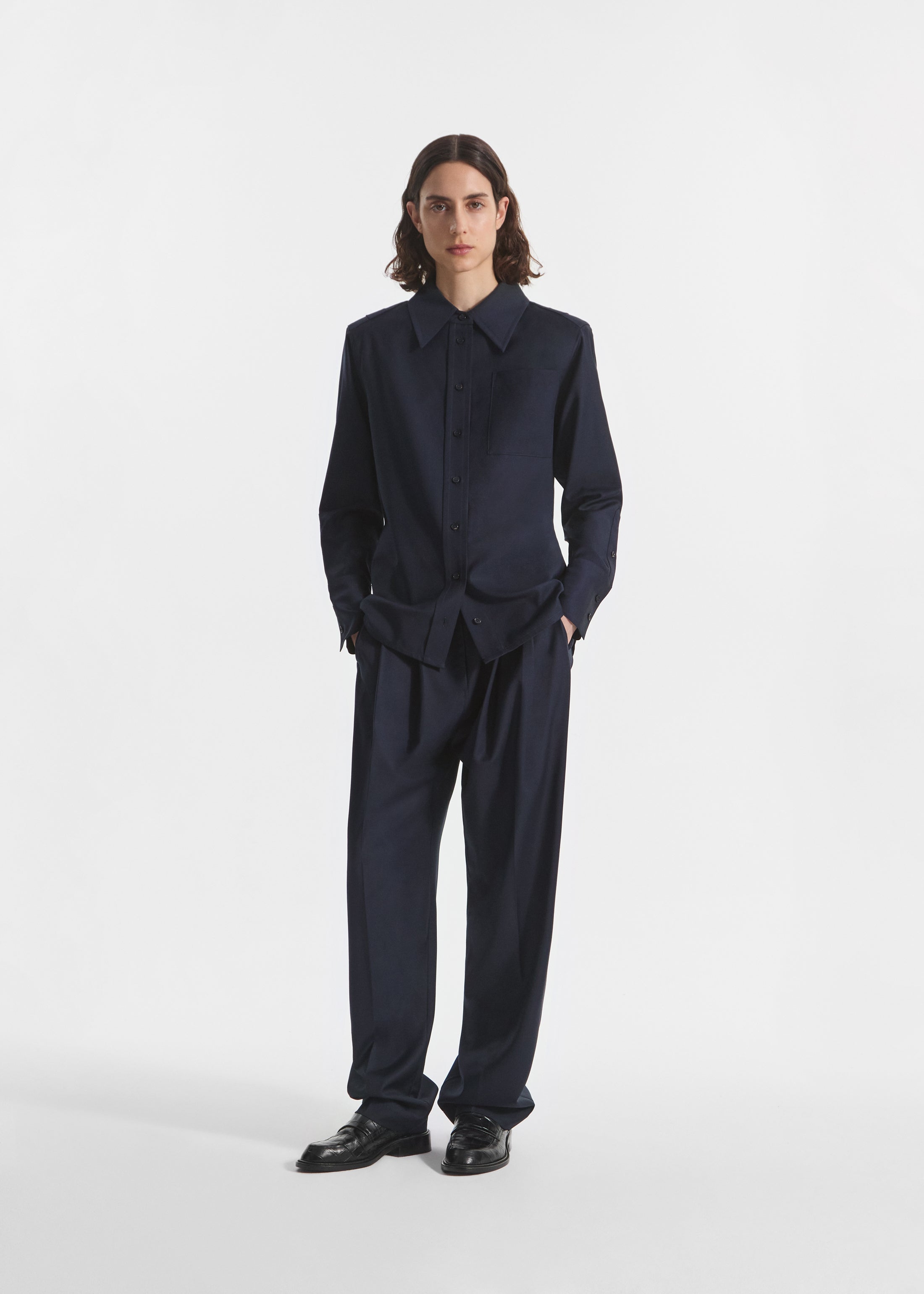 Shoulder Pad Shirt in Wool Blend - Navy
