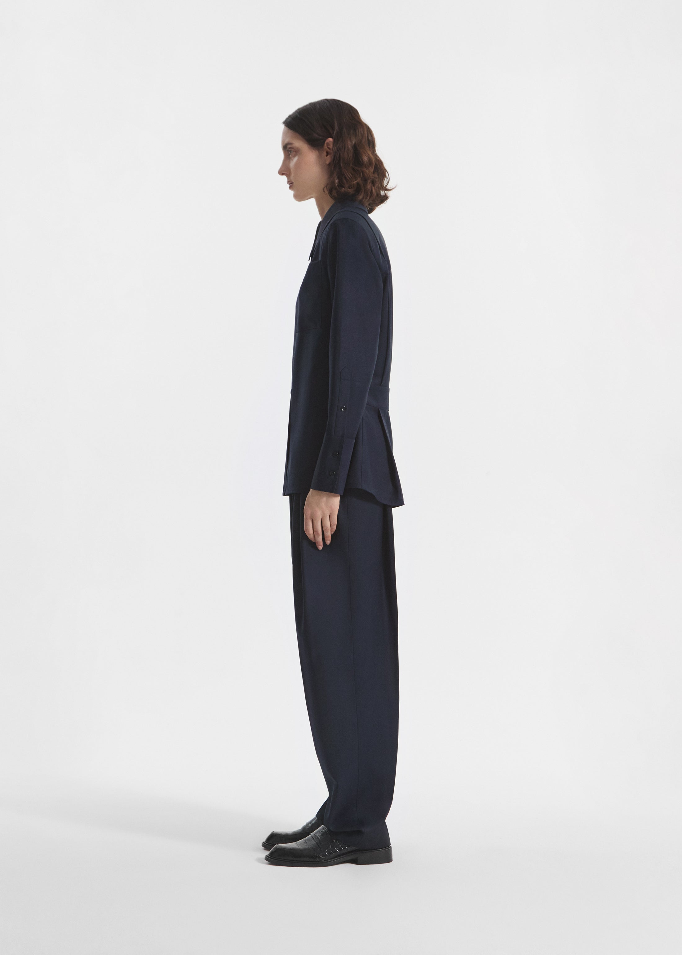 Shoulder Pad Shirt in Wool Blend - Navy