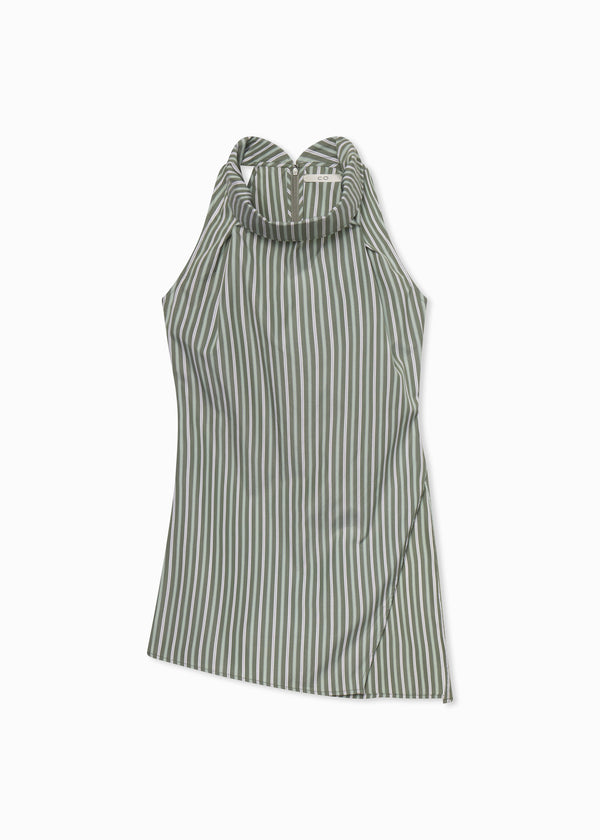 High Cowl Neck in Striped Poplin - Green Multi - CO