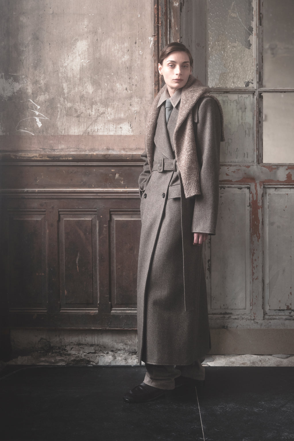 Belted Peacoat in Melange Wool - Green - CO