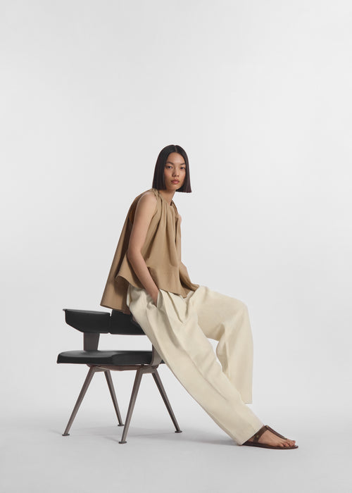 Gathered Tunic Shirt in Cotton Poplin - Camel, image 4 of 5