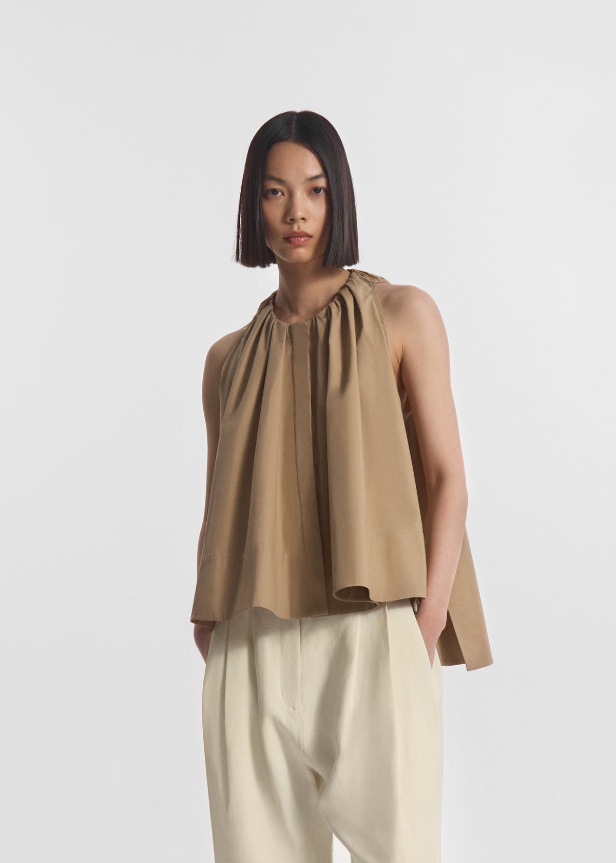 Gathered Tunic Shirt in Cotton Poplin - Camel, image 1 of 5