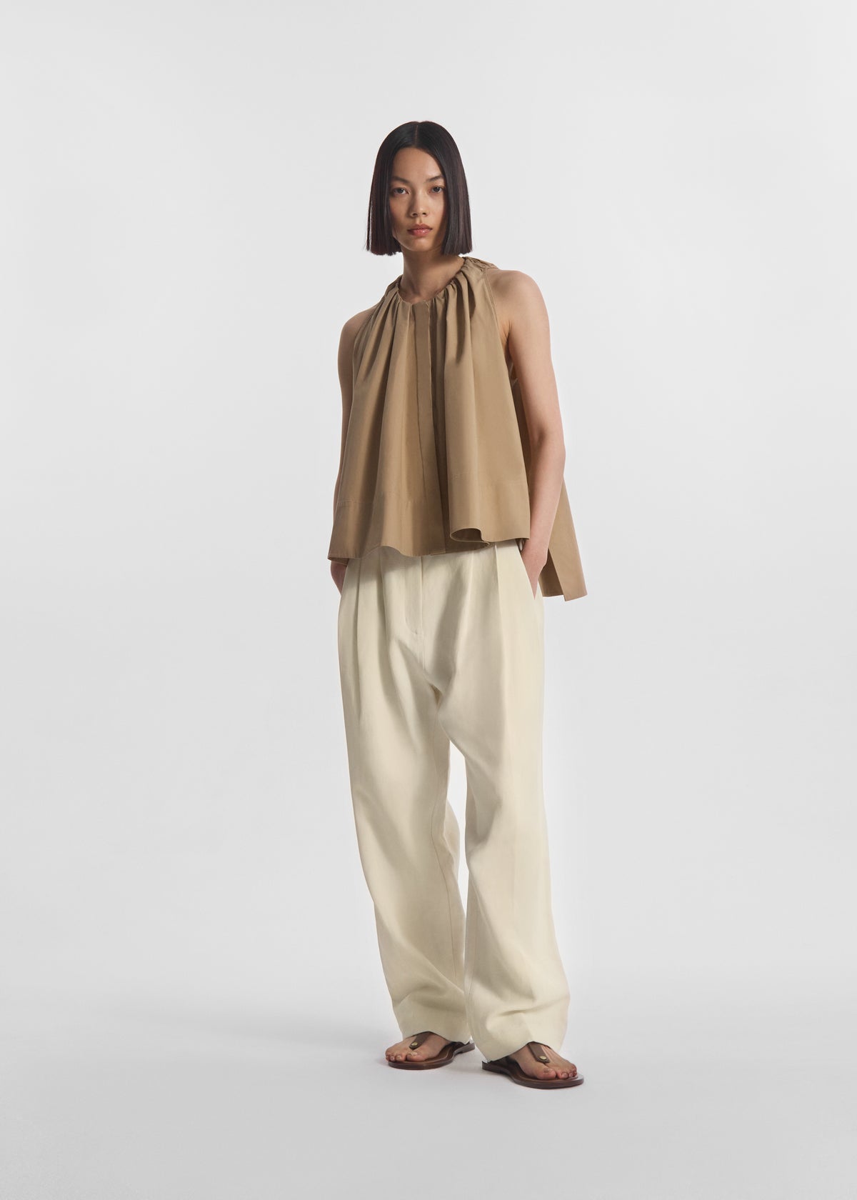 Gathered Tunic Shirt in Cotton Poplin - Camel, image 2 of 5