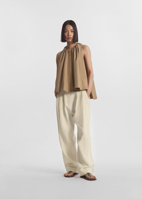 Gathered Tunic Shirt in Cotton Poplin - Camel, image 2 of 5