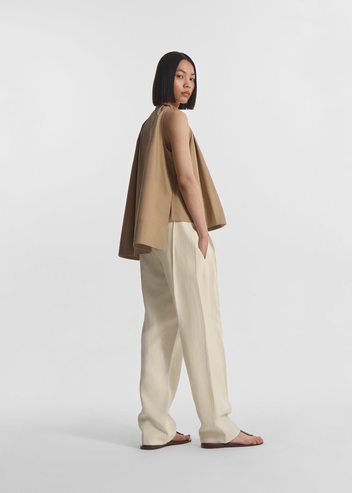 Gathered Tunic Shirt in Cotton Poplin - Camel, image 3 of 5
