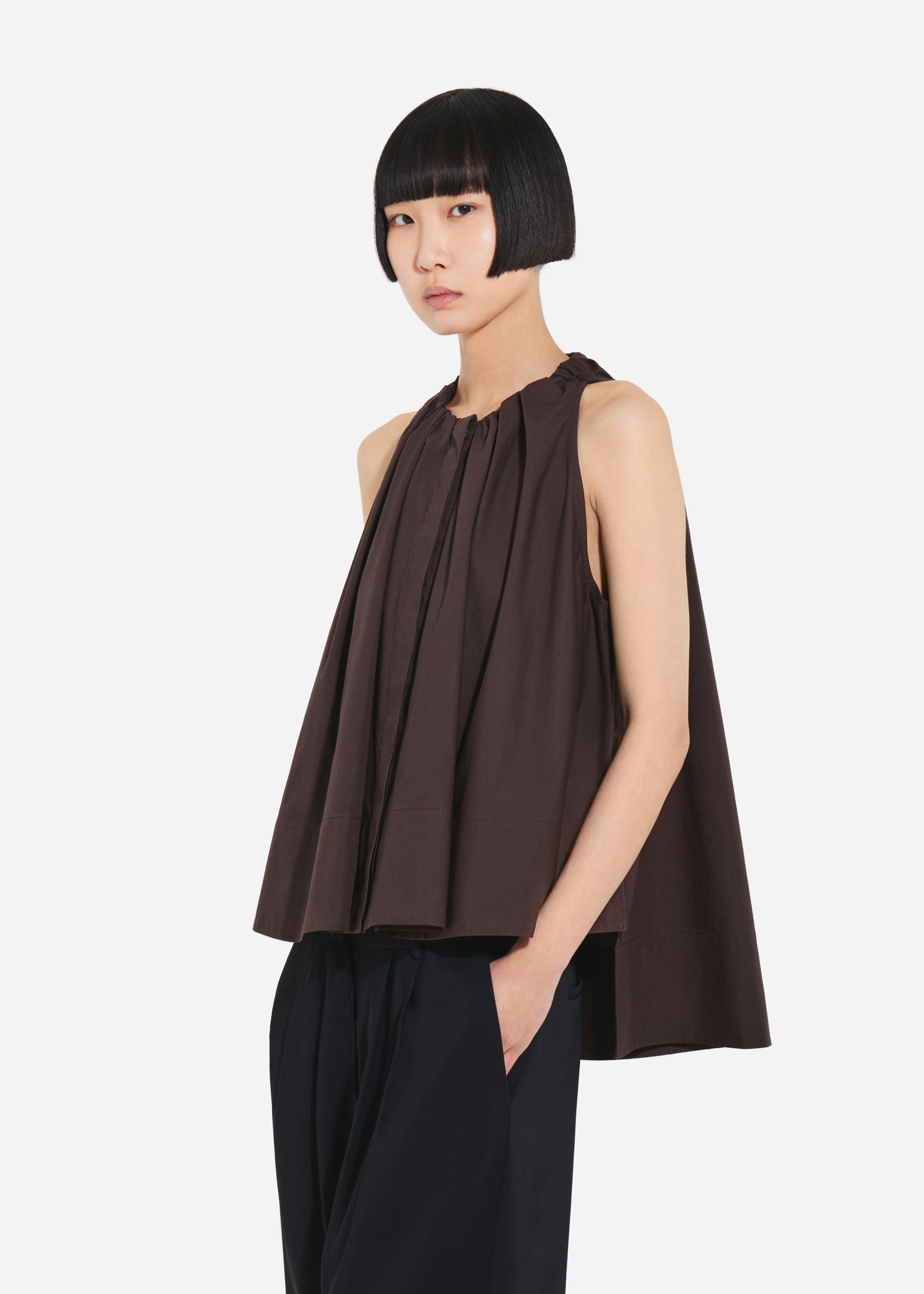 Gathered Tunic Shirt in Cotton Poplin - Chocolate