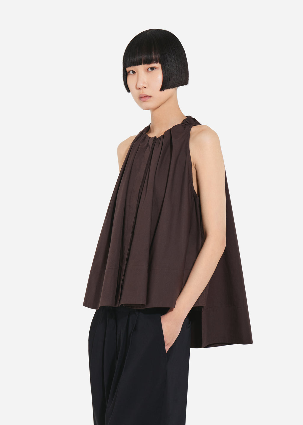 Gathered Tunic Shirt in Cotton Poplin - Chocolate - CO