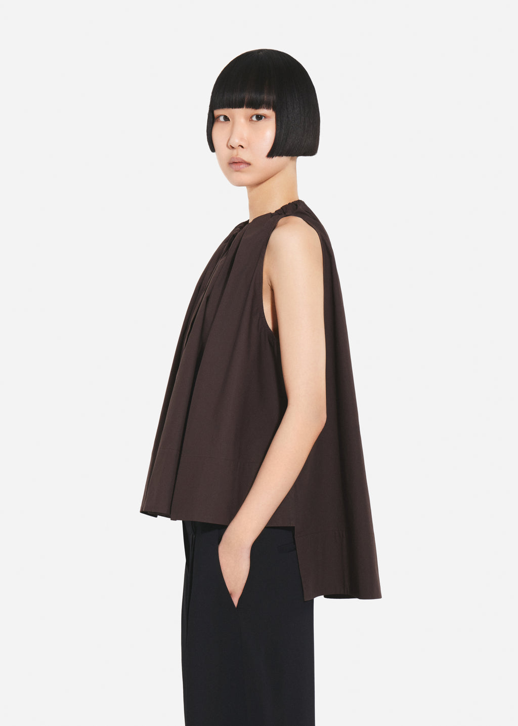 Gathered Tunic Shirt in Cotton Poplin - Chocolate - CO