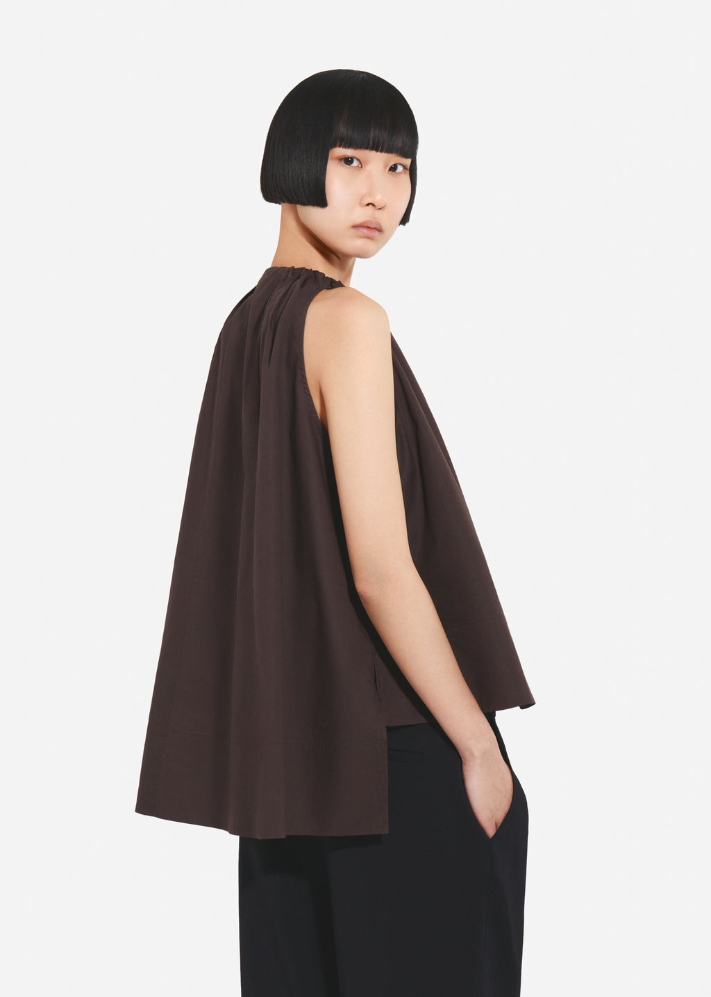 Gathered Tunic Shirt in Cotton Poplin - Chocolate - CO