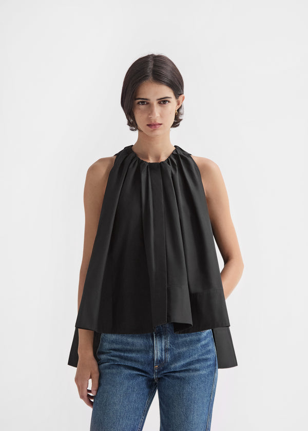 Gathered Tunic Shirt in Cotton Poplin - Black, image 1 of 6