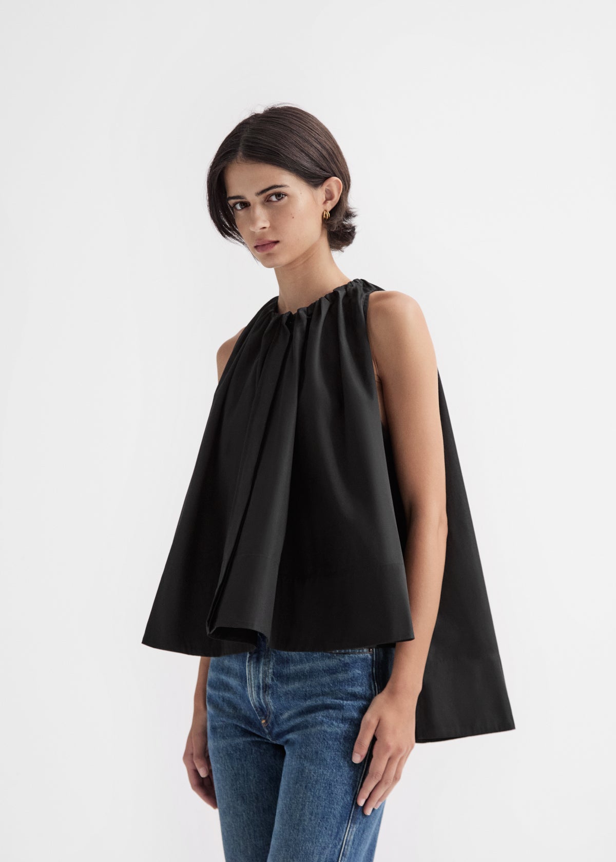 Gathered Tunic Shirt in Cotton Poplin - Black, image 3 of 6