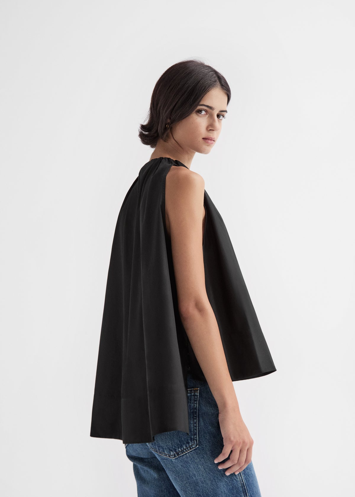 Gathered Tunic Shirt in Cotton Poplin - Black, image 4 of 6