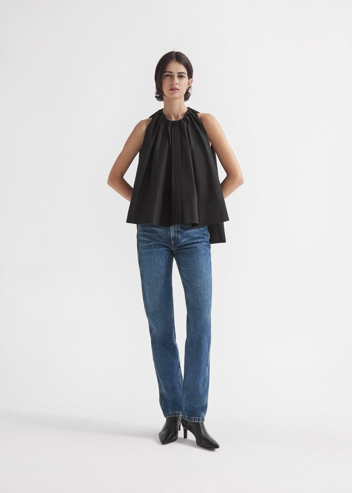 Gathered Tunic Shirt in Cotton Poplin - Black, image 5 of 6