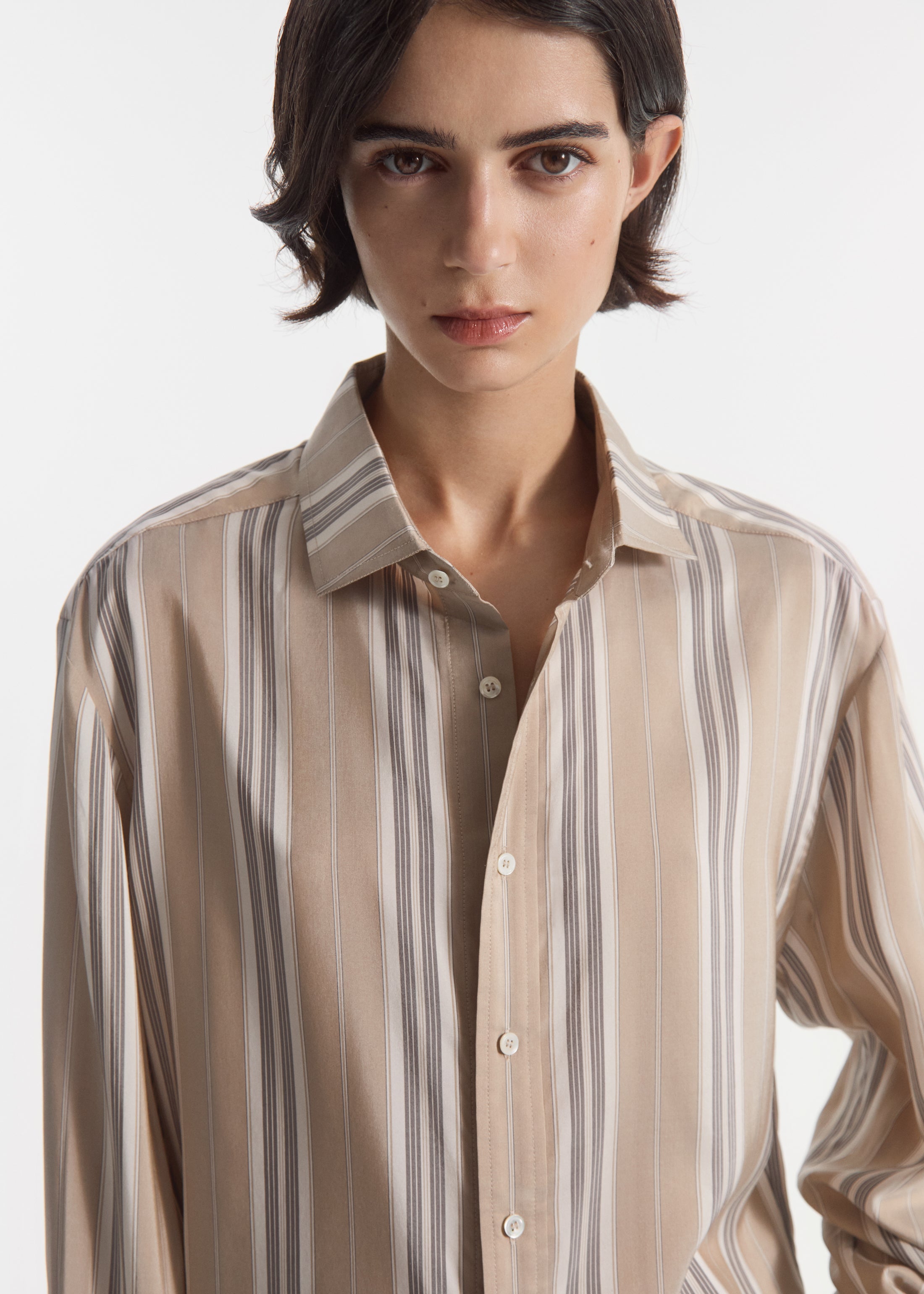 Striped Shirt in Silk - Khaki Stripe