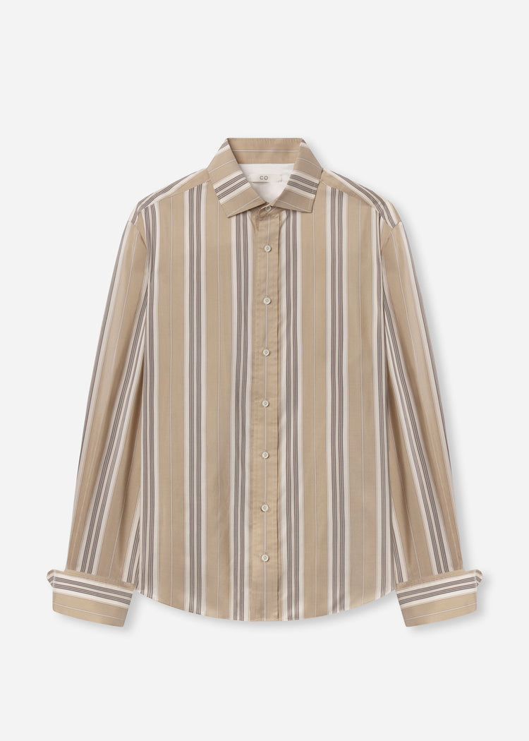 Striped Shirt in Silk - Khaki Stripe, Beige and brown striped shirt on a white background, image 6 of 6