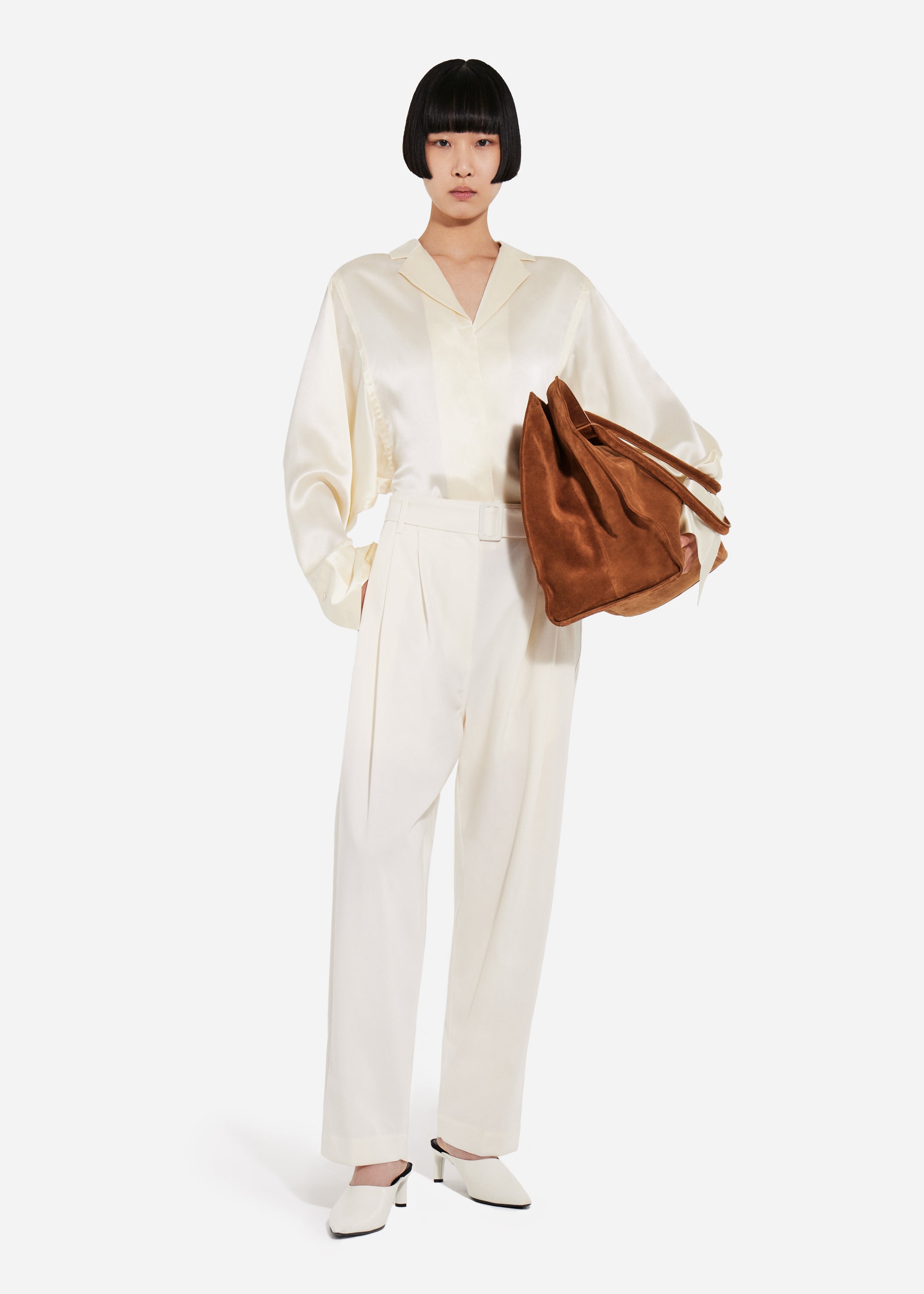 Belted Pleated Pant in Cotton - Milk