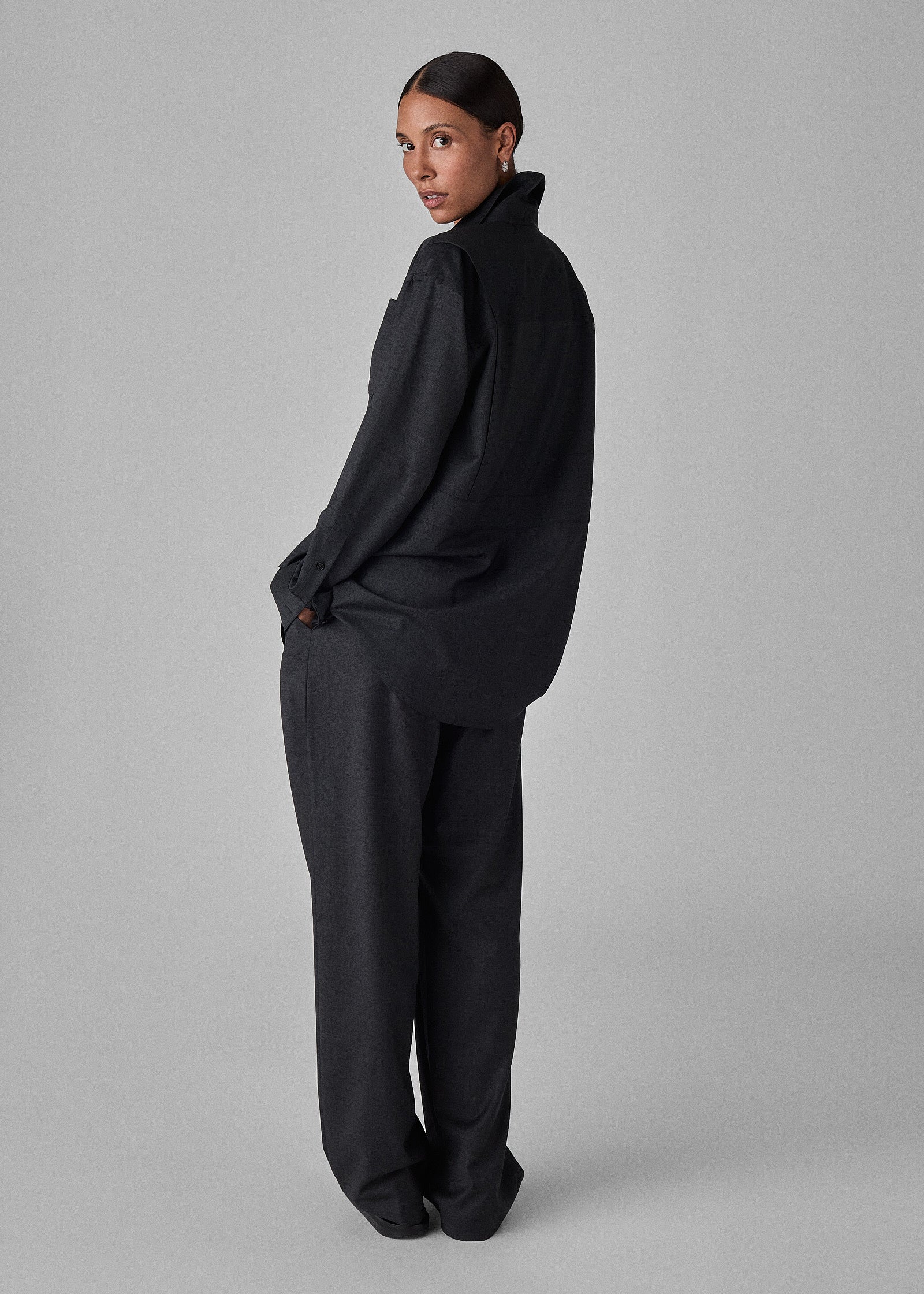 Menswear Drop Waist Pant in Merino Wool - Grey Melange