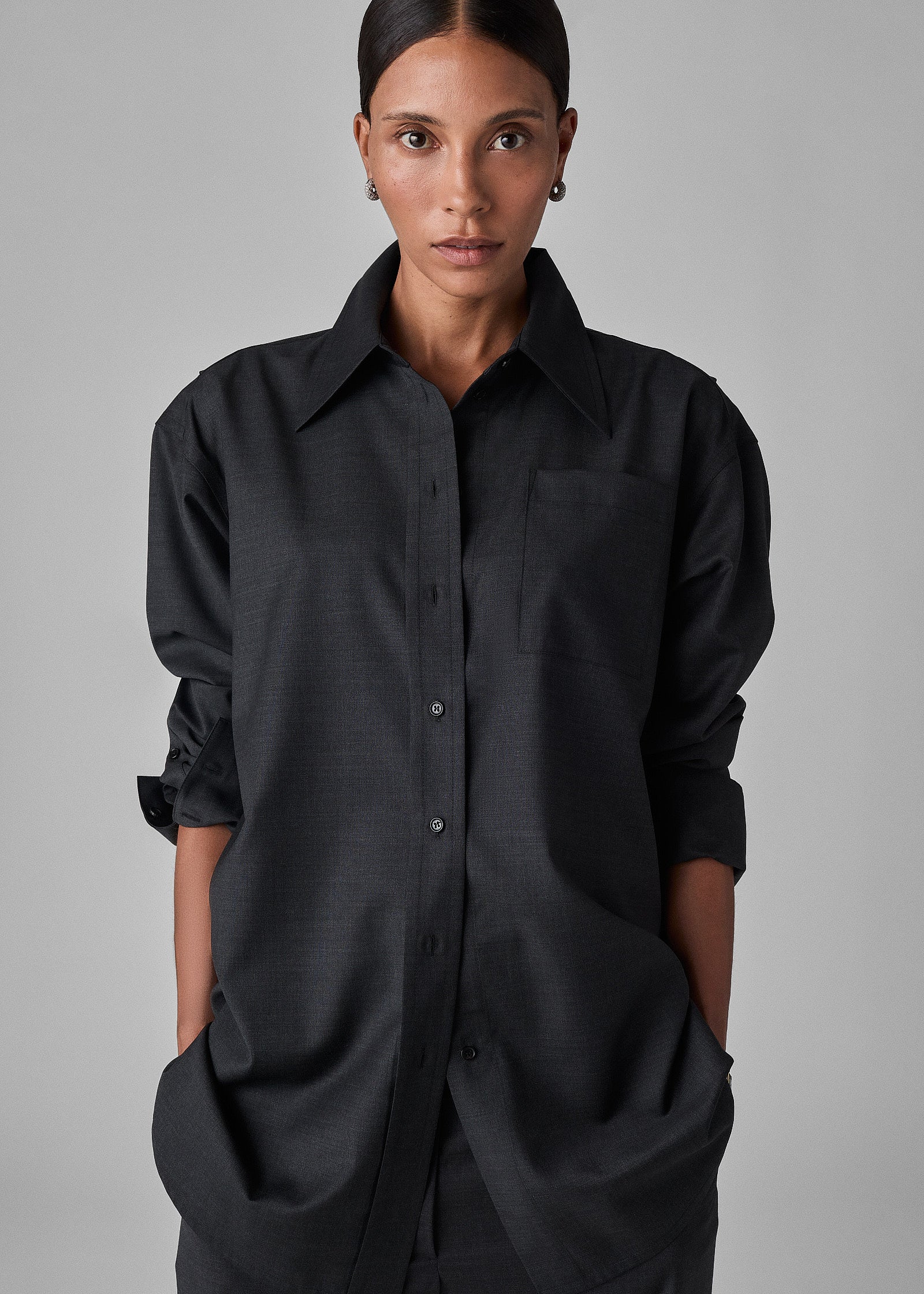 Melange Button Down Shirt in Merino Wool - Grey - CO