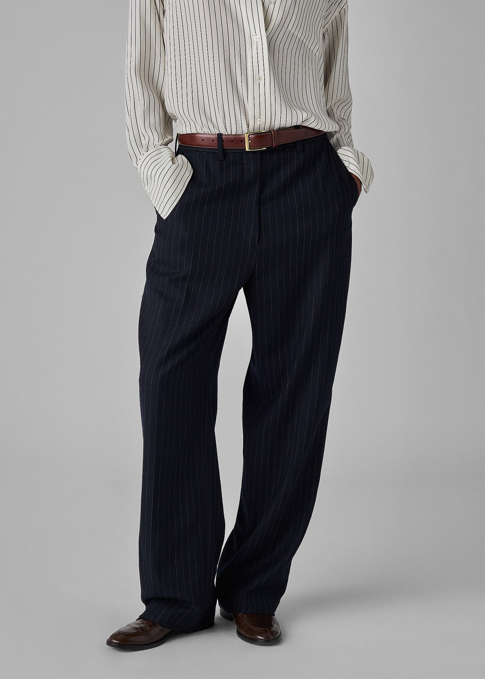 Menswear Drop Waist Pant in Virgin Wool - Navy Stripe