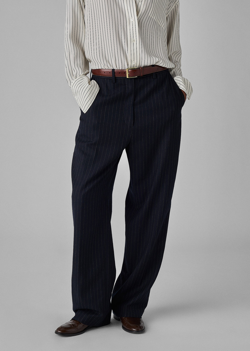 Menswear Drop Waist Pant in Virgin Wool - Navy Stripe - CO