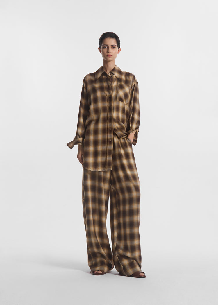 Drawstring Pant in Tencel Plaid - Brown Multi, image 1 of 4