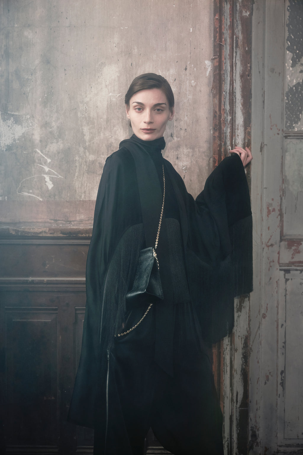 Fringe Satin Cape Top - Black - CO