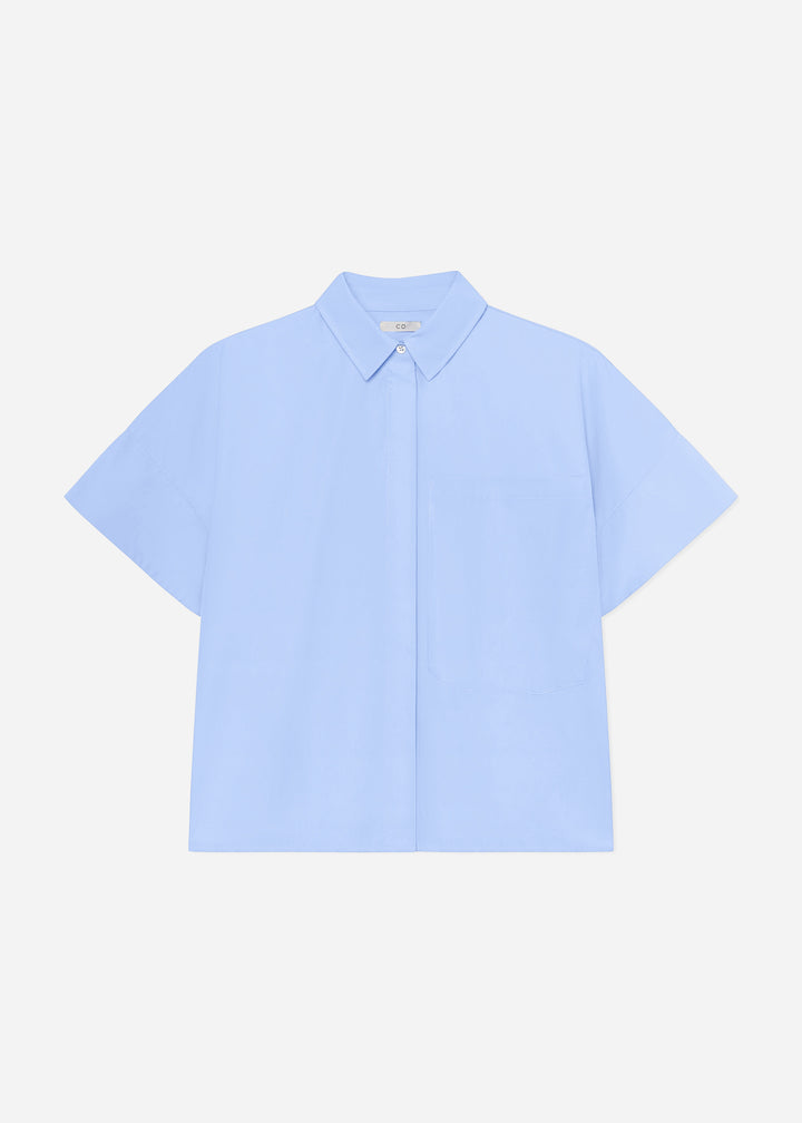 Boxy Short Sleeve Shirt in Cotton Poplin - Blue
